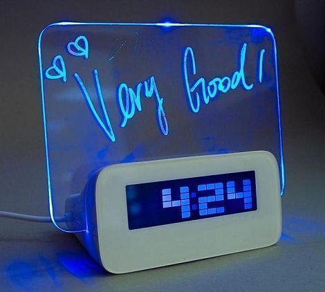 Светящийся LED будильник с доской для записей, синий